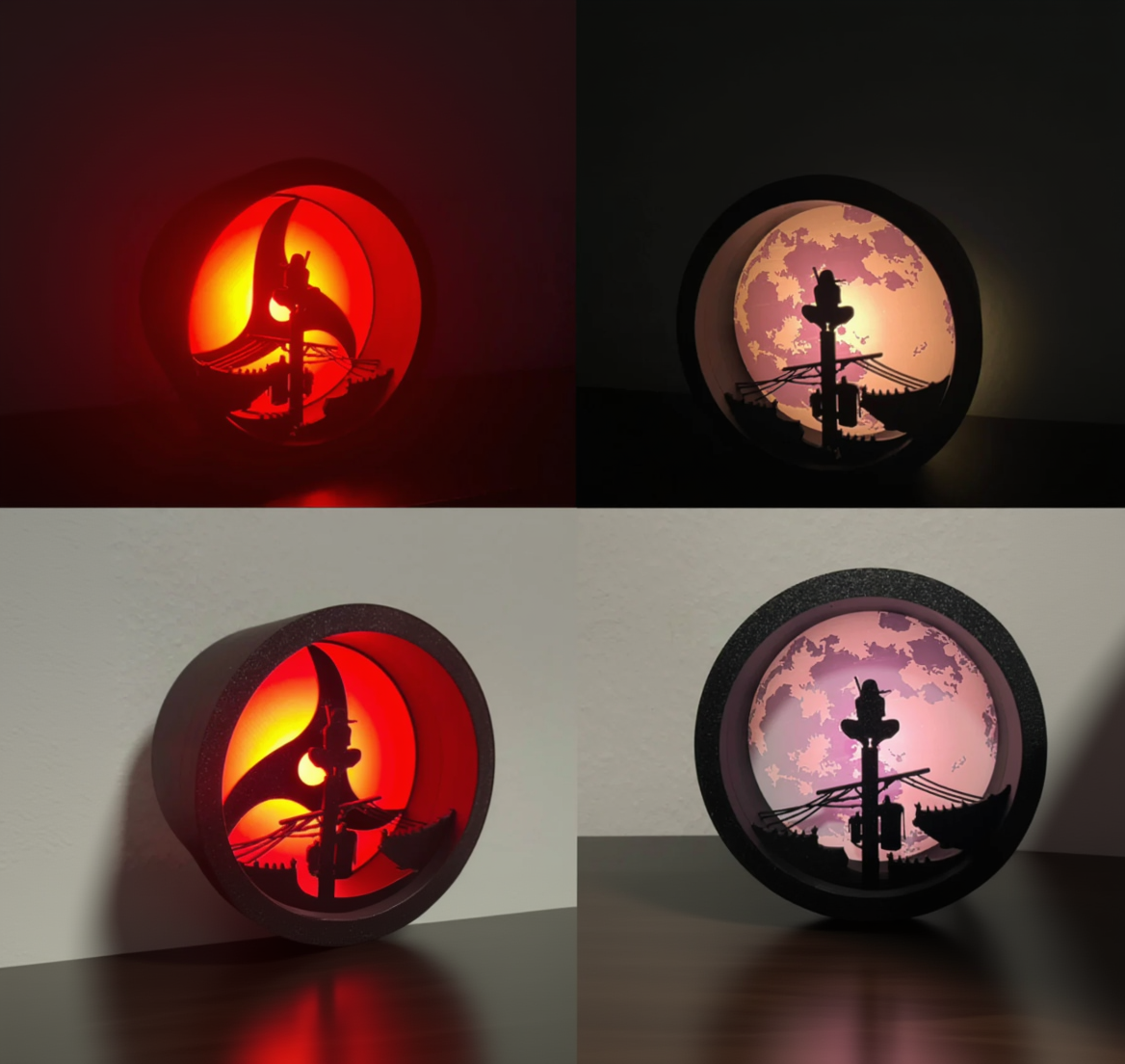 Four circular light fixtures with different designs and colors on a dark background.